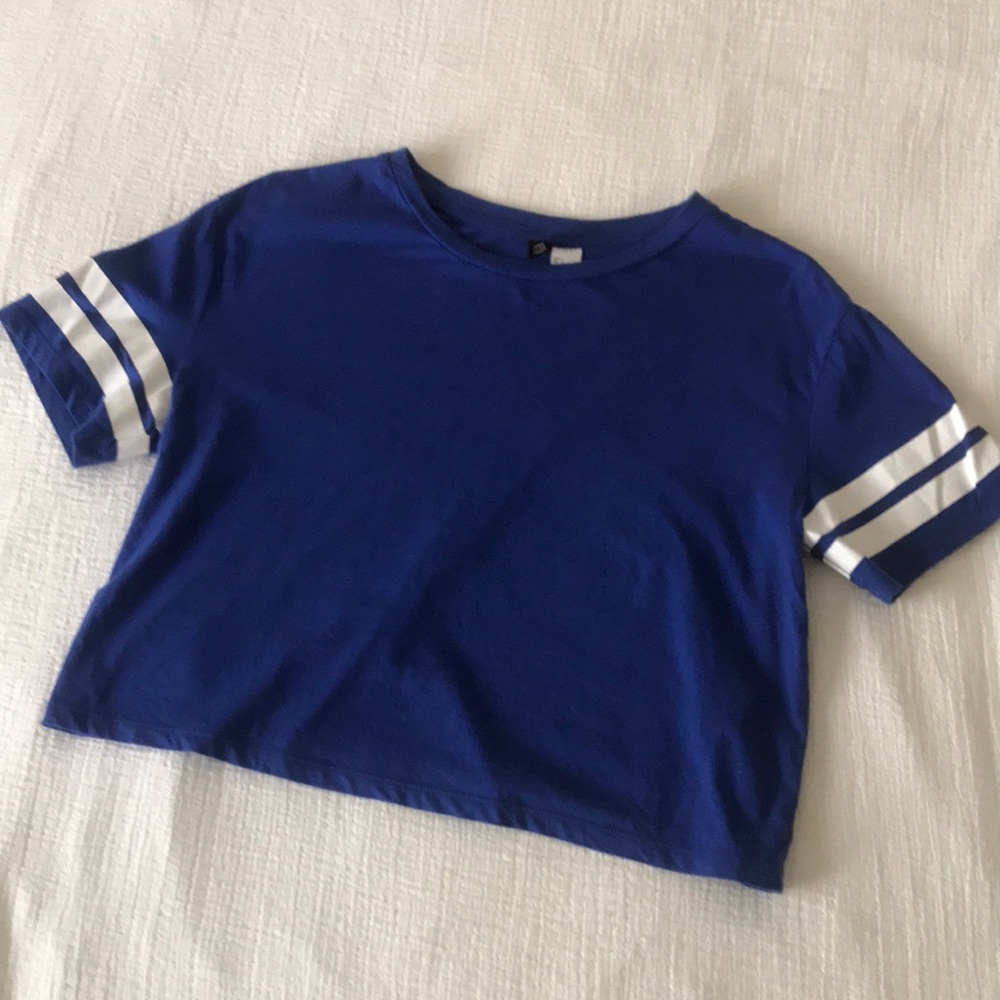 H&M blue varsity top slightly cropped